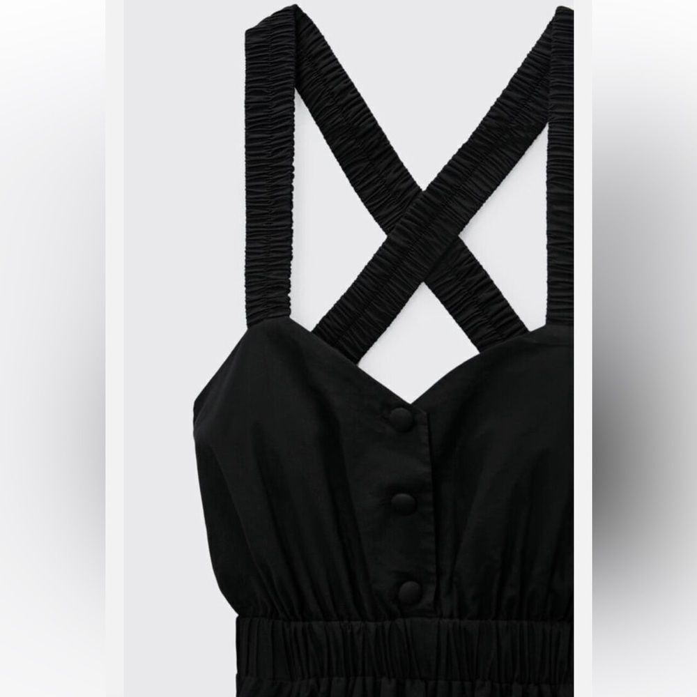 Zara black poplin embroidered midi dress with elastic cross back straps - Picture 4 of 11
